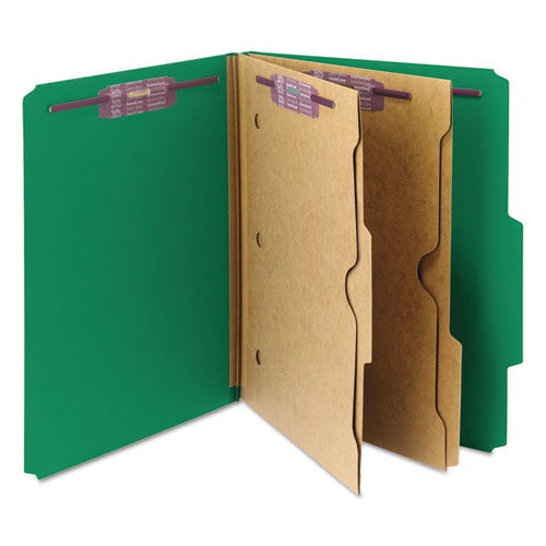 Image of Smead™ 6-Section Pressboard Top Tab Pocket Classification Folders, 6 Safeshield Fasteners, 2 Dividers, Letter Size, Green, 10/Box