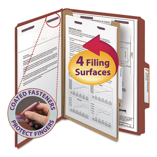 Image of Pressboard Classification Folders, Four SafeSHIELD Fasteners, 2/5-Cut Tabs, 1 Divider, Letter Size, Red, 10/Box