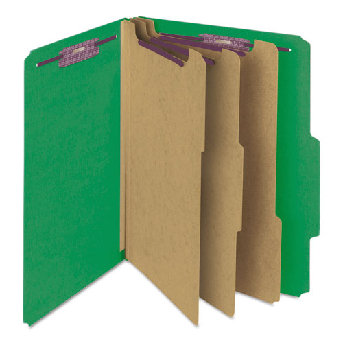 Image of Smead™ Eight-Section Pressboard Top Tab Classification Folders, Eight Safeshield Fasteners, 3 Dividers, Letter Size, Green, 10/Box