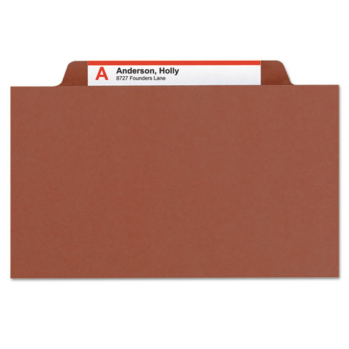 Image of Smead™ Pressboard Classification Folders, Six Safeshield Fasteners, 2/5-Cut Tabs, 2 Dividers, Letter Size, Red, 10/Box