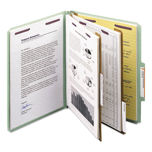 Pressboard Classification Folders, Six SafeSHIELD Fasteners, 2/5-Cut Tabs, 2 Dividers, Letter Size, Gray-Green, 10/Box