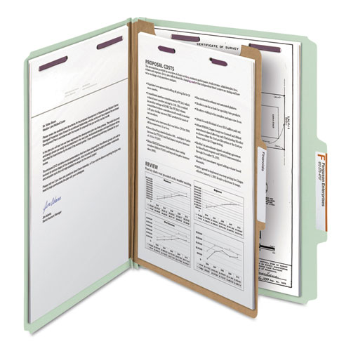 PRESSBOARD CLASSIFICATION FOLDERS WITH SAFESHIELD COATED FASTENERS, 2/5 CUT, 1 DIVIDER, LETTER SIZE, GRAY-GREEN, 10/BOX