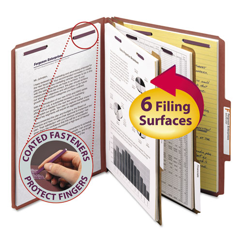 PRESSBOARD CLASSIFICATION FOLDERS WITH SAFESHIELD COATED FASTENERS, 2/5 CUT, 2 DIVIDERS, LETTER SIZE, RED, 10/BOX