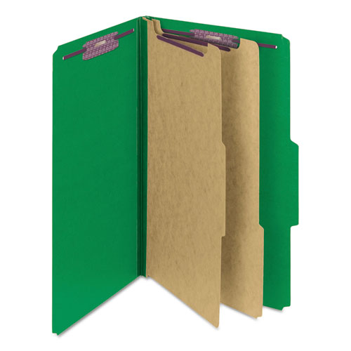 Smead™ Six-Section Pressboard Top Tab Classification Folders, Six Safeshield Fasteners, 2 Dividers, Legal Size, Green, 10/Box