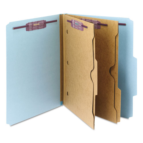 6-Section Pressboard Top Tab Pocket Classification Folders, 6 SafeSHIELD Fasteners, 2 Dividers, Letter Size, Blue, 10/Box