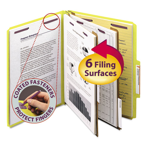 Image of Smead™ Six-Section Pressboard Top Tab Classification Folders, Six Safeshield Fasteners, 2 Dividers, Letter Size, Yellow, 10/Box