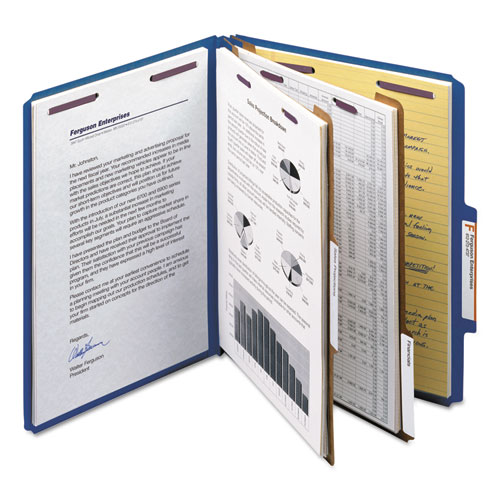 Image of Smead™ Six-Section Pressboard Top Tab Classification Folders, Six Safeshield Fasteners, 2 Dividers, Letter Size, Dark Blue, 10/Box