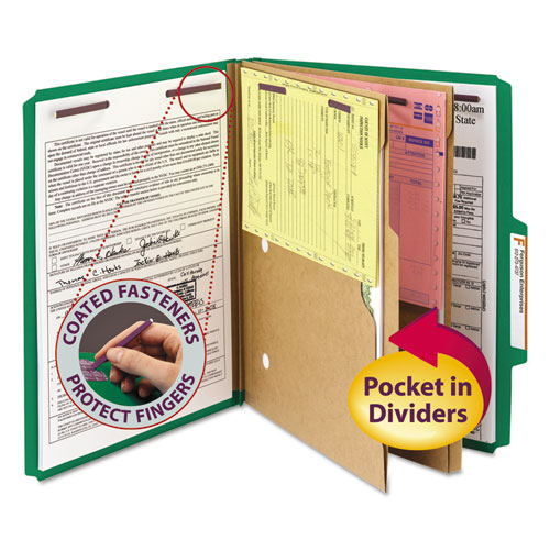 Smead™ 6-Section Pressboard Top Tab Pocket Classification Folders, 6 Safeshield Fasteners, 2 Dividers, Letter Size, Green, 10/Box