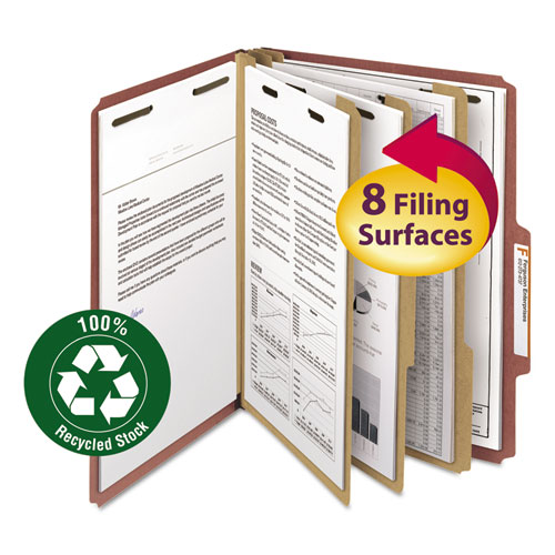 Smead™ Recycled Pressboard Classification Folders, 3" Expansion, 3 Dividers, 8 Fasteners, Letter Size, Red Exterior, 10/Box