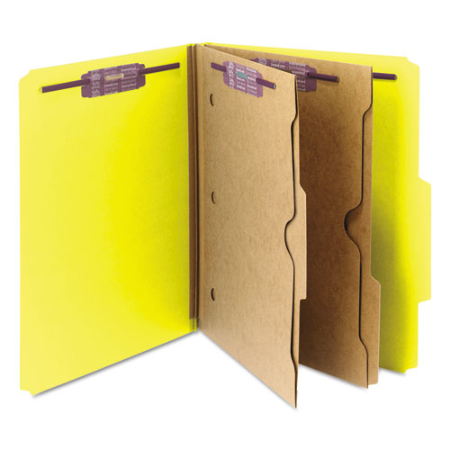 Image of Smead™ 6-Section Pressboard Top Tab Pocket Classification Folders, 6 Safeshield Fasteners, 2 Dividers, Letter Size, Yellow, 10/Box