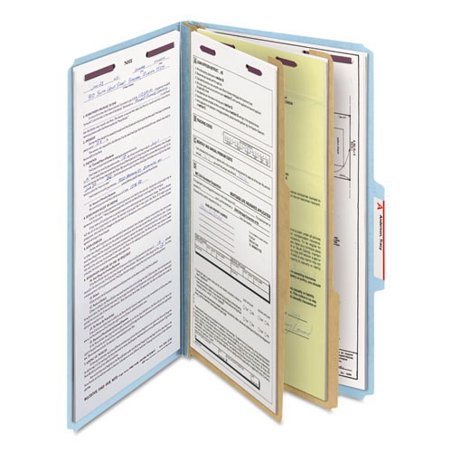 Six-Section Pressboard Top Tab Classification Folders with SafeSHIELD Fasteners, 2 Dividers, Legal Size, Blue, 10/Box