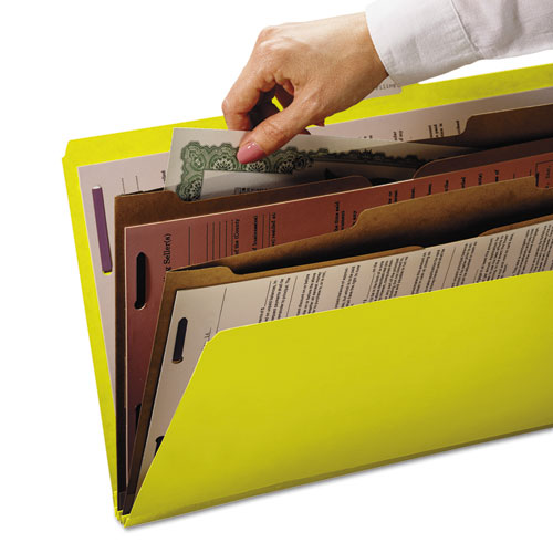 Image of Smead™ 6-Section Pressboard Top Tab Pocket Classification Folders, 6 Safeshield Fasteners, 2 Dividers, Letter Size, Yellow, 10/Box