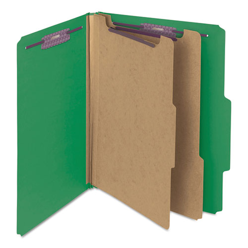 Image of Smead™ Six-Section Pressboard Top Tab Classification Folders, Six Safeshield Fasteners, 2 Dividers, Letter Size, Green, 10/Box