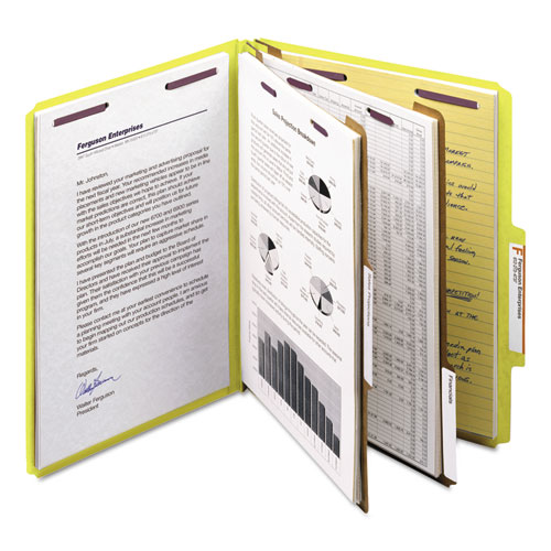 Image of Smead™ Six-Section Pressboard Top Tab Classification Folders, Six Safeshield Fasteners, 2 Dividers, Letter Size, Yellow, 10/Box