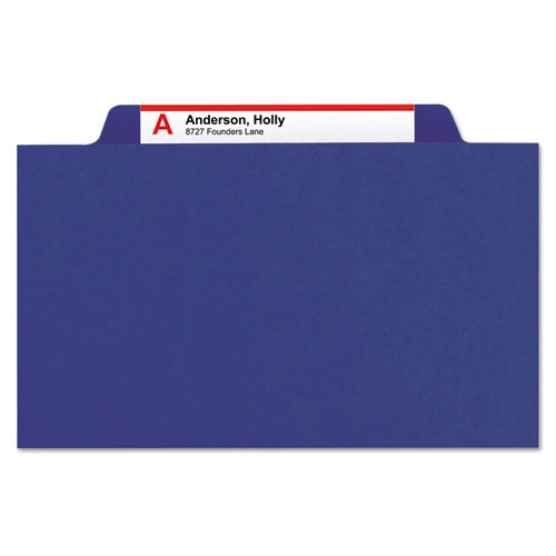 Image of Smead™ 6-Section Pressboard Top Tab Pocket Classification Folders, 6 Safeshield Fasteners, 2 Dividers, Letter Size, Dark Blue, 10/Bx