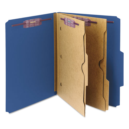 Image of Smead™ 6-Section Pressboard Top Tab Pocket Classification Folders, 6 Safeshield Fasteners, 2 Dividers, Letter Size, Dark Blue, 10/Bx
