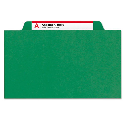 SIX-SECTION PRESSBOARD TOP TAB CLASSIFICATION FOLDERS WITH SAFESHIELD FASTENERS, 2 DIVIDERS, LEGAL SIZE, GREEN, 10/BOX