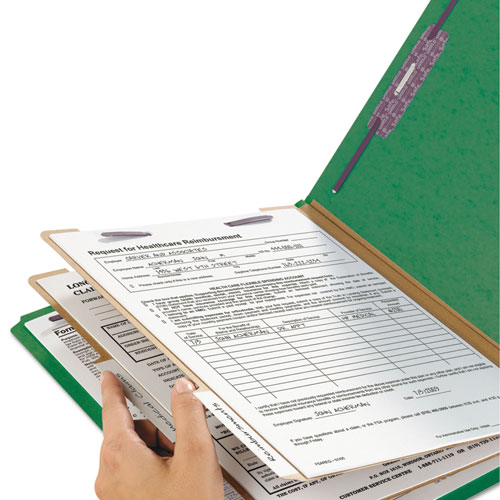 Six-Section Pressboard Top Tab Classification Folders, Six SafeSHIELD Fasteners, 2 Dividers, Letter Size, Green, 10/Box