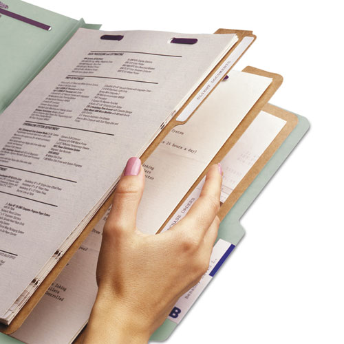 Pressboard Classification Folders, Eight SafeSHIELD Fasteners, 2/5-Cut Tabs, 3 Dividers, Letter Size, Gray-Green, 10/Box