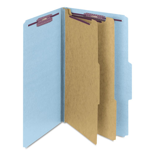 SIX-SECTION PRESSBOARD TOP TAB CLASSIFICATION FOLDERS WITH SAFESHIELD FASTENERS, 2 DIVIDERS, LEGAL SIZE, BLUE, 10/BOX