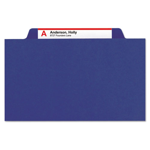 Image of Smead™ Eight-Section Pressboard Top Tab Classification Folders, 8 Safeshield Fasteners, 3 Dividers, Letter Size, Dark Blue, 10/Box