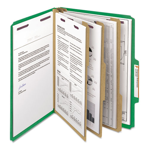 Eight-Section Pressboard Top Tab Classification Folders, Eight SafeSHIELD Fasteners, 3 Dividers, Letter Size, Green, 10/Box