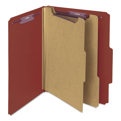 Smead™ Pressboard Classification Folders, Six Safeshield Fasteners, 2/5-Cut Tabs, 2 Dividers, Letter Size, Red, 10/Box