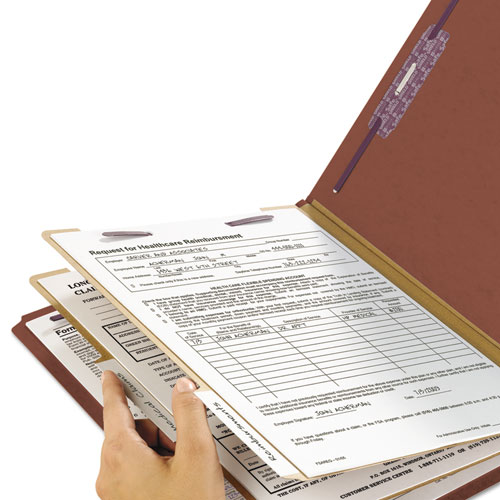 Pressboard Classification Folders, Six SafeSHIELD Fasteners, 2/5-Cut Tabs, 2 Dividers, Letter Size, Red, 10/Box