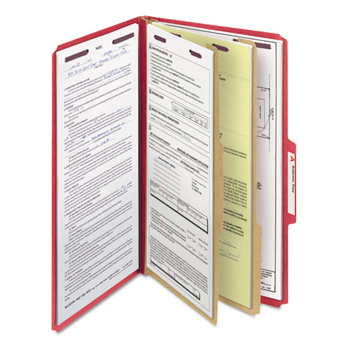 SIX-SECTION PRESSBOARD TOP TAB CLASSIFICATION FOLDERS WITH SAFESHIELD FASTENERS, 2 DIVIDERS, LEGAL SIZE, BRIGHT RED, 10/BOX