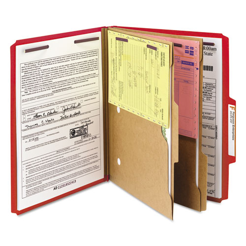 Image of Smead™ 6-Section Pressboard Top Tab Pocket Classification Folders, 6 Safeshield Fasteners, 2 Dividers, Letter Size, Bright Red,10/Bx
