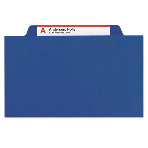 Image of Smead™ Six-Section Pressboard Top Tab Classification Folders, Six Safeshield Fasteners, 2 Dividers, Letter Size, Dark Blue, 10/Box
