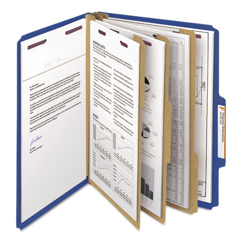 Eight-Section Pressboard Top Tab Classification Folders, 8 SafeSHIELD Fasteners, 3 Dividers, Letter Size, Dark Blue, 10/Box