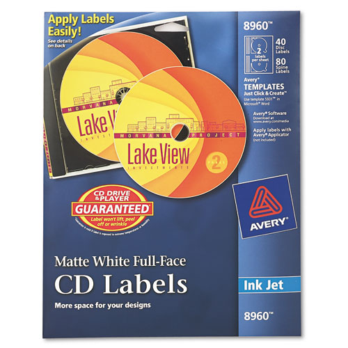 Inkjet Full-Face CD Labels, Matte White, 40/Pack