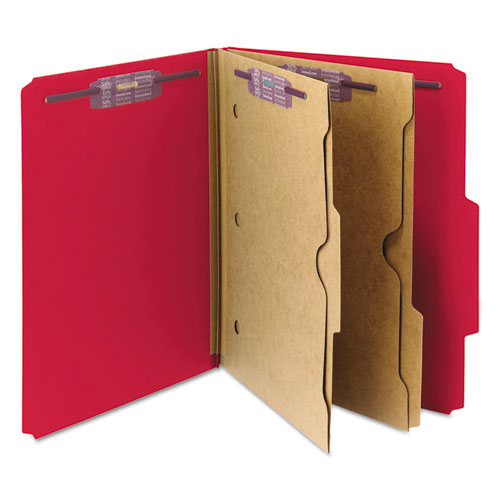 Image of Smead™ 6-Section Pressboard Top Tab Pocket Classification Folders, 6 Safeshield Fasteners, 2 Dividers, Letter Size, Bright Red,10/Bx