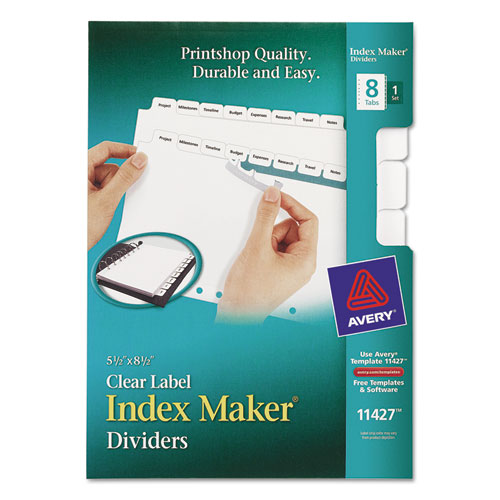 Image of Print and Apply Index Maker Clear Label Dividers with Label Strip/White Tabs, 7-Hole Punched, 8-Tab, 8.5 x 5.5, White, 1 Set