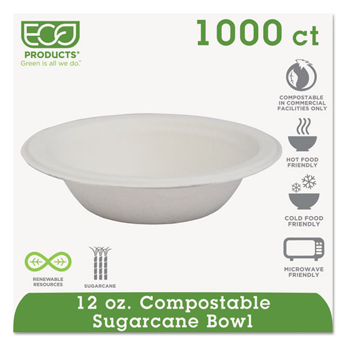 Renewable and Compostable Sugarcane Bowls, 12 oz, Natural White, 50/Pack, 20 Packs/Carton ECOEPBL12