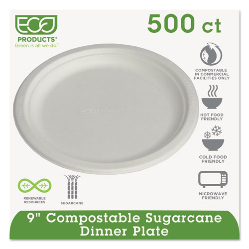 Eco-Products® Renewable and Compostable Sugarcane Plates, 9" dia, Natural White, 500/Carton