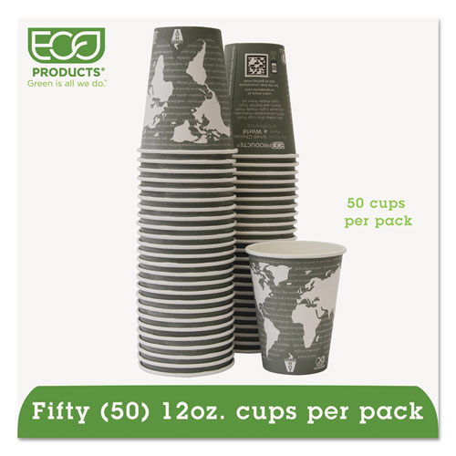 World Art Renewable/Compostable Hot Cups, 12 oz, Gray, 50/Pack