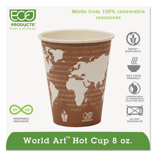 Eco-Products® World Art Renewable And Compostable Hot Cups, 8 Oz, 50/Pack, 20 Packs/Carton