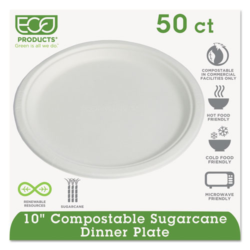 Renewable and Compostable Sugarcane Dinnerware, Plate, 10" dia, Natural White, 50/Pack