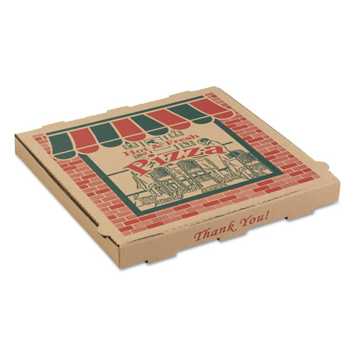 Corrugated Pizza Boxes, Storefront, 14 x 14 x 1.75, Brown/Red/Green, 50/Carton