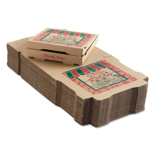 Corrugated Pizza Boxes, Storefront, 12 x 12 x 1.75, Brown/Red/Green, 50/Carton