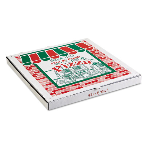 Corrugated Kraft Pizza Boxes, B-Flute, 14 Pizza, 14 x 14 x 2 .5, White, 50/Bundle