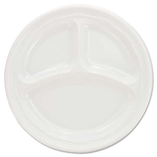 Plastic Plates, 3-Compartment, 9" dia, White, 125/Pack, 4 Packs/Carton