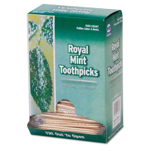 Mint Cello-Wrapped Wood Toothpicks, 2.5", Natural, 1,000/Box, 15 Boxes/Carton