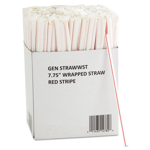 Wrapped Jumbo Straws, 7 3/4", White W/red Stripes, 24/carton