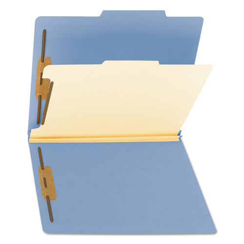 Top Tab Classification Folders, Four SafeSHIELD Fasteners, 2" Expansion, 1 Divider, Letter Size, Blue Exterior, 10/Box