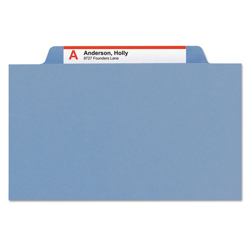Image of Smead™ Top Tab Classification Folders, Four Safeshield Fasteners, 2" Expansion, 1 Divider, Letter Size, Blue Exterior, 10/Box