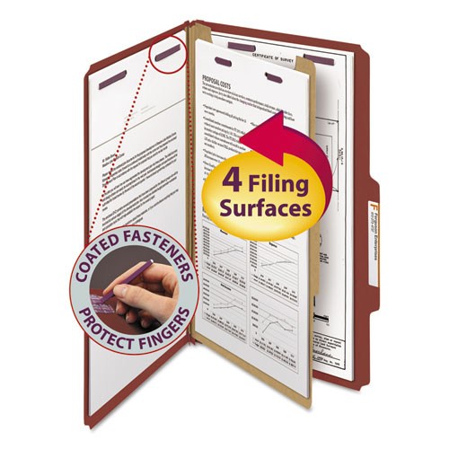 PRESSBOARD CLASSIFICATION FOLDERS WITH SAFESHIELD COATED FASTENERS, 2/5 CUT, 1 DIVIDER, LEGAL SIZE, RED, 10/BOX