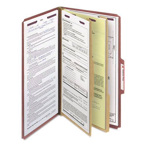 Image of Smead™ Pressboard Classification Folders, Six Safeshield Fasteners, 2/5-Cut Tabs, 2 Dividers, Legal Size, Red, 10/Box